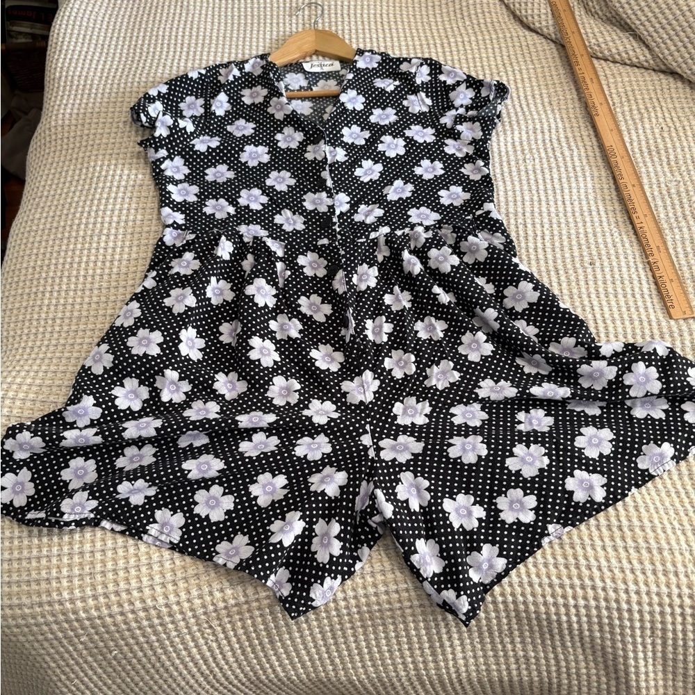 Jessica vintage short romper button front purple floral polka dot size large - Picture 2 of 11